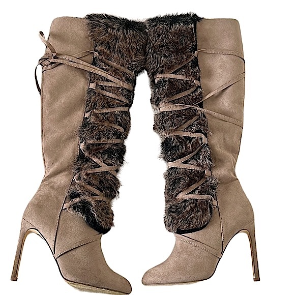 Shoe Dazzle Shoes - Suede Light Taupe Lace Up Faux Fur Boots